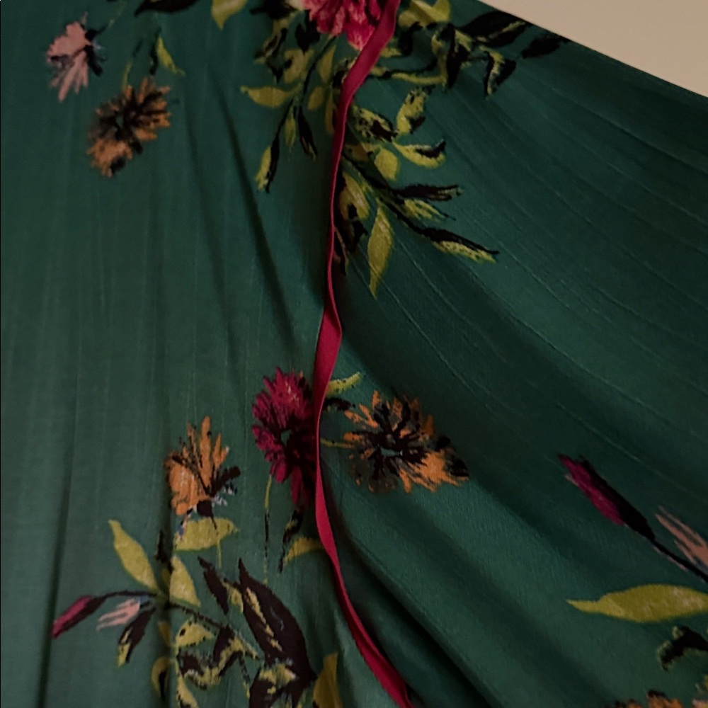Free People Maxi Green Floral Duster Kimono with Pink Accents Sz. L - Picture 8 of 11